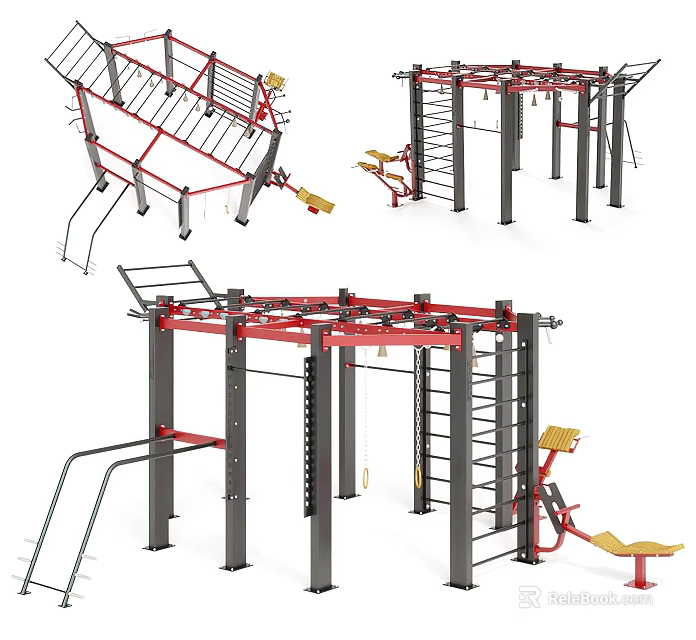 Multifunctional Sports Training Equipment With Climbing Ladder Pull up Bars Seats And Red Gray Frame 3d model 