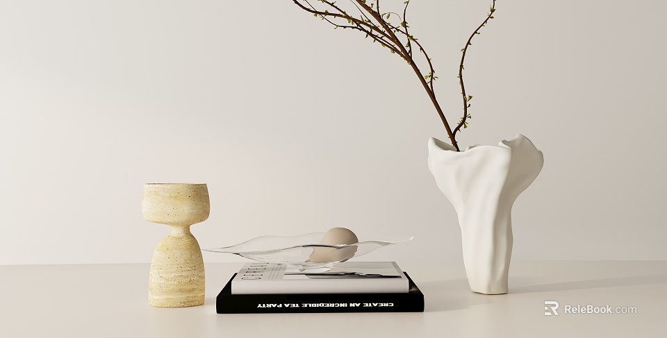 Decorative Ornament Set With Beige Piece Transparent Tray Egg Black Book White Vase And Twigs 3d model 