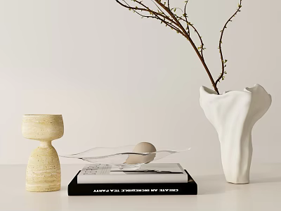 Decorative Ornament Set With Beige Piece Transparent Tray Egg Black Book White Vase And Twigs 3d model