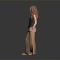 Red Haired Woman Wearing Black Tank Top Brown Pants Standing On Reflective Floor Gray Background