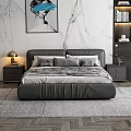 Modern Dark Leather Double Bed With Marble Wall Bookshelf And Art Painting