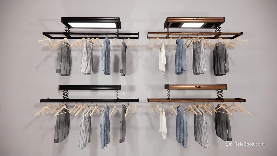 Wall Mounted Modern Clothes Hangers With Metal And Wooden Rails Hanging Gray White Blue Clothes 3d model 