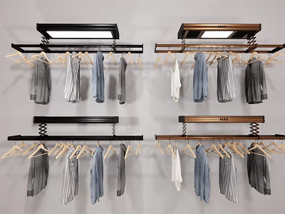 Wall Mounted Modern Clothes Hangers With Metal And Wooden Rails Hanging Gray White Blue Clothes 3d model