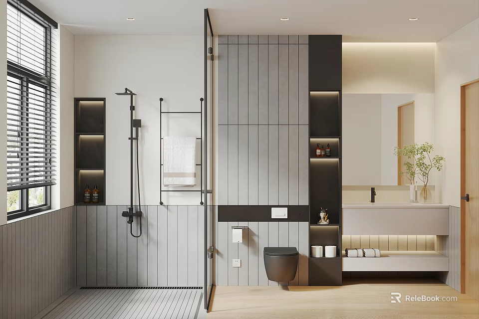 Modern Minimalist Bathroom Interior With Glass Shower Partition Wall Mounted Toilet And Illuminated Storage Niches 3d model 