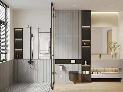 Modern Minimalist Bathroom Interior With Glass Shower Partition Wall Mounted Toilet And Illuminated Storage Niches 3d model
