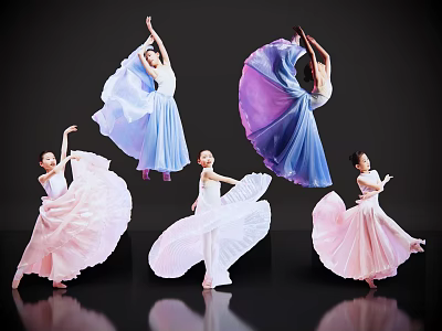 Women Dancing Gracefully with Flowing Colorful Dresses Against Black Background 3d model
