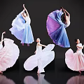 Women Dancing Gracefully with Flowing Colorful Dresses Against Black Background