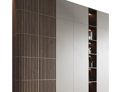 Modern Decorative Cabinet With Wooden Grid Panel And LED Lit Open Shelves 3d model