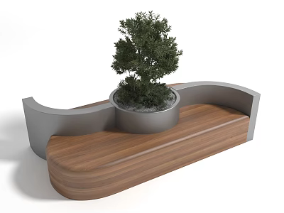 Modern Outdoor Chair With Wooden Seat Curved Design And Small Tree Planter 3d model