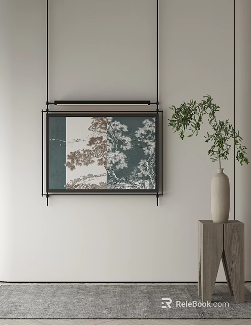 Minimalist Abstract Painting Wall Mounted With Ceramic Vase And Green Potted Plant 3d model 