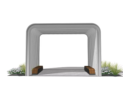 Garden Landscape Design With Arched Structure Wooden Benches And Green Plants 3d model