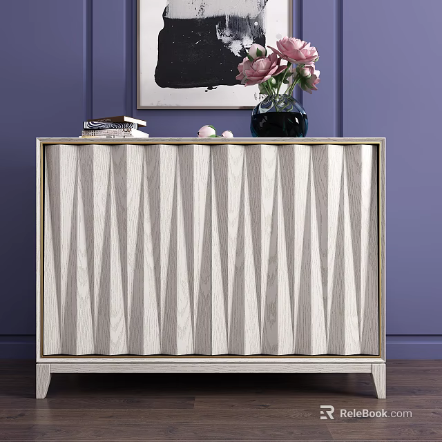 Entryway Console Cabinet With Striped Wooden Doors And Decorative Vase On Purple Wall Background 3d model 