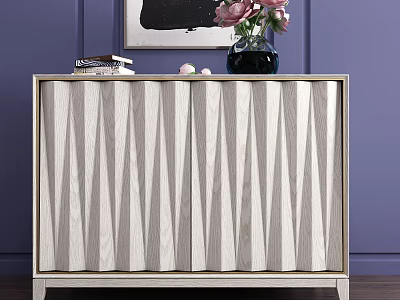 Entryway Console Cabinet With Striped Wooden Doors And Decorative Vase On Purple Wall Background 3d model
