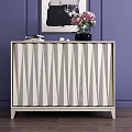 Entryway Console Cabinet With Striped Wooden Doors And Decorative Vase On Purple Wall Background