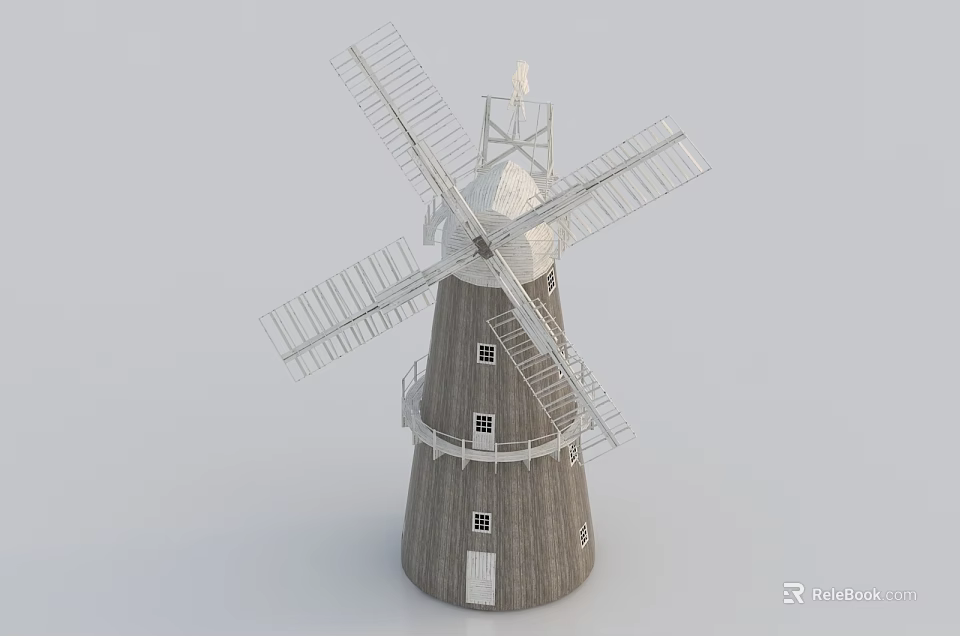 Windmill Architectural Components With Wooden Tower Blades Windows And Conical Structure 3d model 