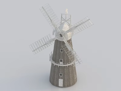 Windmill Architectural Components With Wooden Tower Blades Windows And Conical Structure 3d model