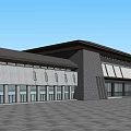 Modern Public Building Structure With Symmetrical Roof And Glass Windows Entrance