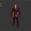 Man with long red hair in black outfit including long-sleeve top flared pants and gloves