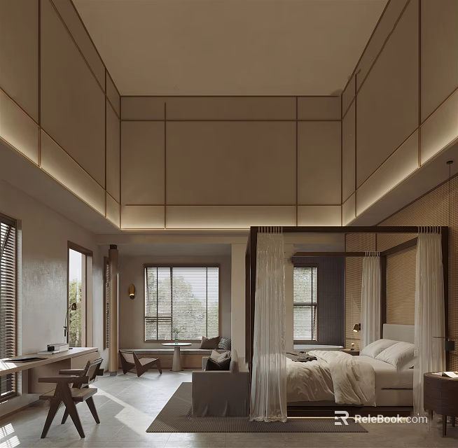 Modern Minimalist Hotel Guest Room Interior With King Bed Large Windows And Cozy Lighting 3d model 