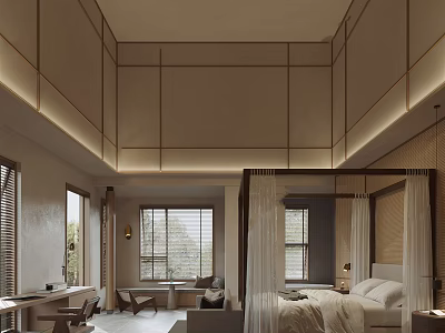 Modern Minimalist Hotel Guest Room Interior With King Bed Large Windows And Cozy Lighting 3d model