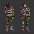 Two 3D Character Models In Torn Armor With Gear From Front And Back Angles