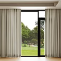 Sheer Light Beige Window Curtains Framing Lush Green Outdoor Landscape View