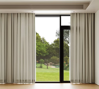 Sheer Light Beige Window Curtains Framing Lush Green Outdoor Landscape View 3d model