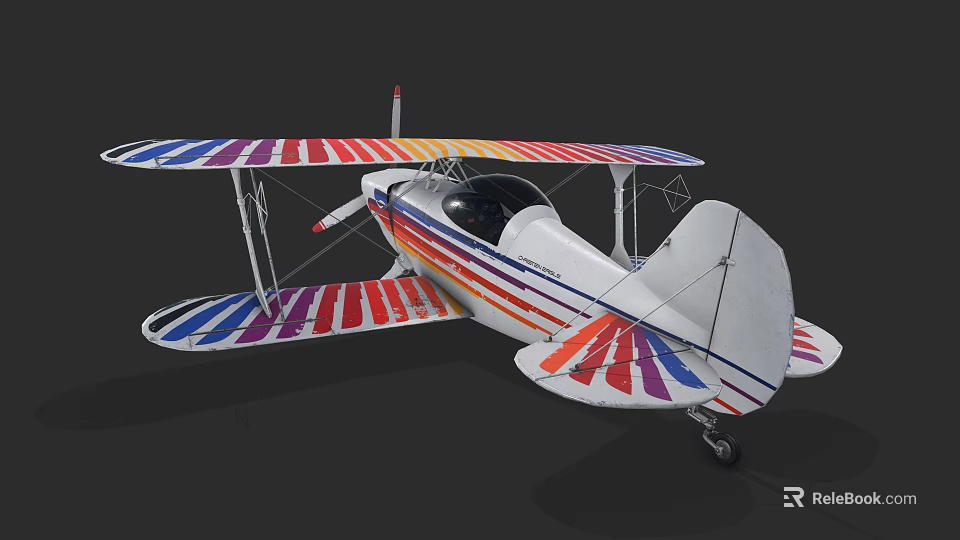 Vibrant Biplane with Colorful Striped Wings and Classic White Fuselage 3d model 