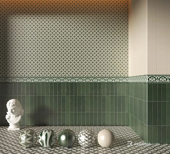 Green and White Floor Tiles With Geometric Pattern And Decorative Border Design 3d model 