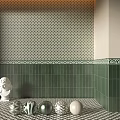 Green and White Floor Tiles With Geometric Pattern And Decorative Border Design