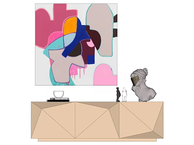 Abstract Painting Above Geometric Wooden Cabinet With Decorative Sculpture And Ornaments 3d model