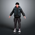 Standing 3D Human Character Model In Black Hoodie Vest With Pockets And Sneakers