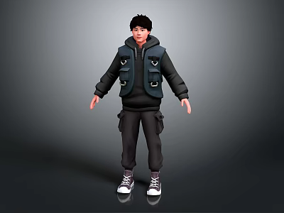 Standing 3D Human Character Model In Black Hoodie Vest With Pockets And Sneakers 3d model