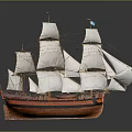Vintage Sailing Ship Model with White Sails Orange Hull and Blue Flags 3d model