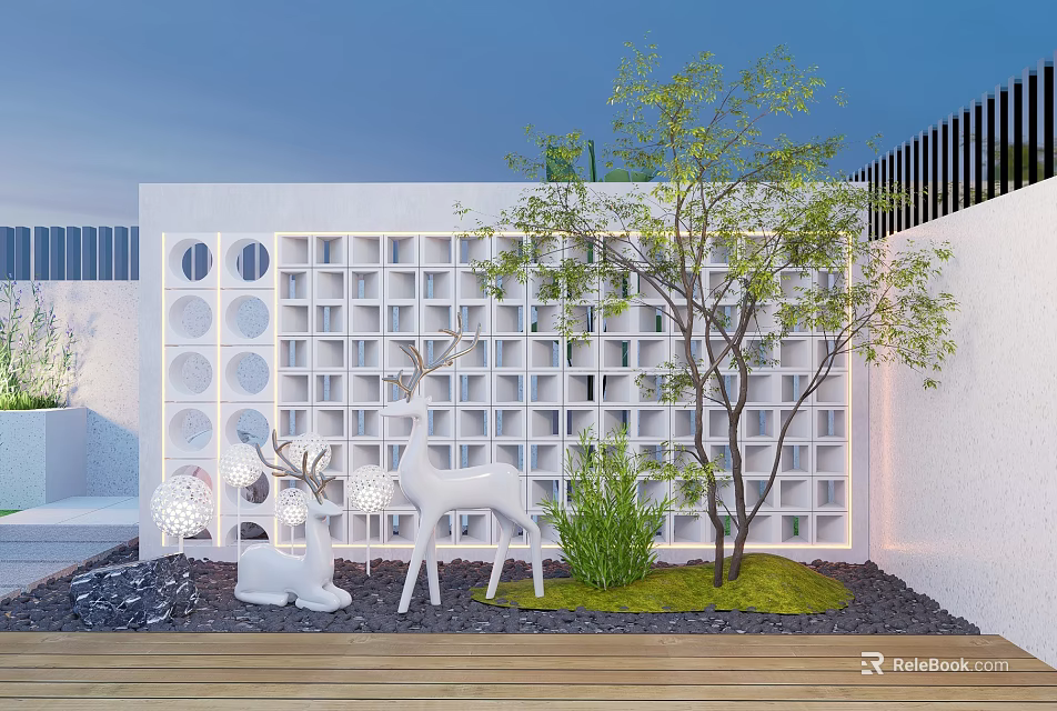 White Hollow Design Feature Wall With White Deer Statue Small Tree And Green Plants 3d model 