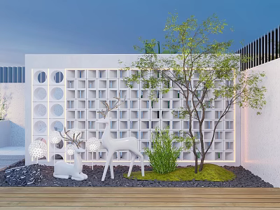 White Hollow Design Feature Wall With White Deer Statue Small Tree And Green Plants 3d model