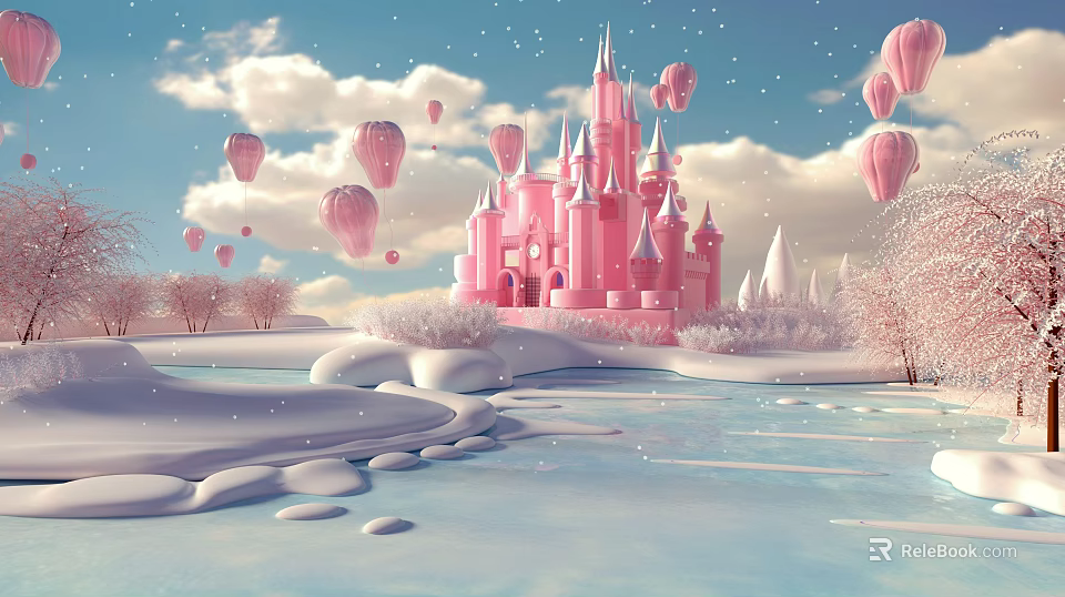Pink Castle In Snowy Winter Landscape With Floating Balloons Blue Sky And Icy Lake 3d model 