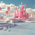 Pink Castle In Snowy Winter Landscape With Floating Balloons Blue Sky And Icy Lake