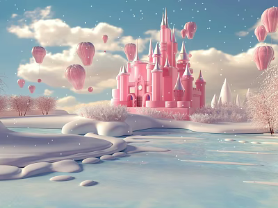 Pink Castle In Snowy Winter Landscape With Floating Balloons Blue Sky And Icy Lake 3d model
