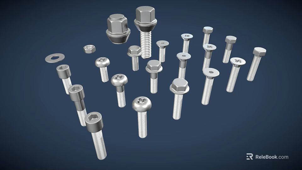 Different Types Of Metal Bolts And Nuts Fasteners On Blue Background 3d model 