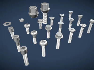 Different Types Of Metal Bolts And Nuts Fasteners On Blue Background 3d model