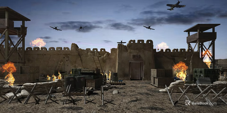 Ancient City Wall With Crenellations Ladders Crates Bonfires And Airplanes In Sky With Flames 3d model 