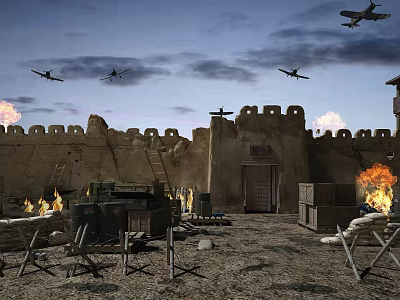 Ancient City Wall With Crenellations Ladders Crates Bonfires And Airplanes In Sky With Flames 3d model
