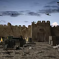 Ancient City Wall With Crenellations Ladders Crates Bonfires And Airplanes In Sky With Flames