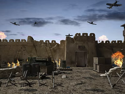 Ancient City Wall With Crenellations Ladders Crates Bonfires And Airplanes In Sky With Flames 3d model