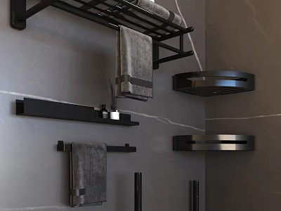 Modern Black Bathroom Set With Wall Mounted Shelf Towel Rack And Round Tray 3d model