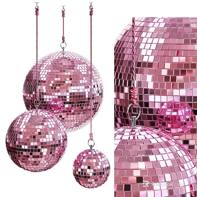 Pink Mirrored Mosaic Disco Balls Hanging Decorative Ornament Set With Various Sizes 3d model 