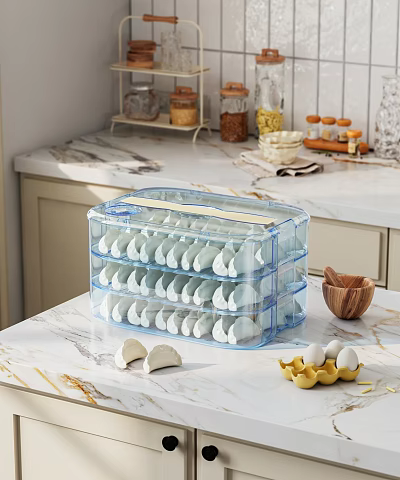 Fresh Dumplings Stored in Transparent Multi Layer Storage Container on Kitchen Counter 3d model