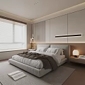 Modern Bedroom Interior With Platform Bed Linear Wall Light Window Blinds And Rug