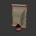 Ancient Scroll with Quill Pen and Ink Bottle on Dark Background 3d model